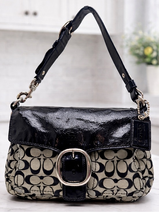 Coach Handbags - Coach Bleecker 2008 Signature Flap Shoulder Bag 12562 Black Patent Trim, Buckle